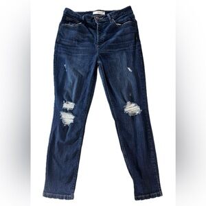 Maurices Women's High Rise Button Fly Skinny Jeans Size 30 Dark Wash Distressed